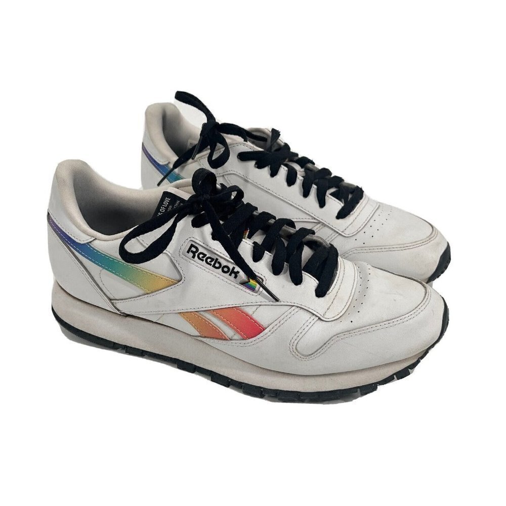 Reebok Classic White Leather Sneakers Rainbow Pride Sz Mens 9.5